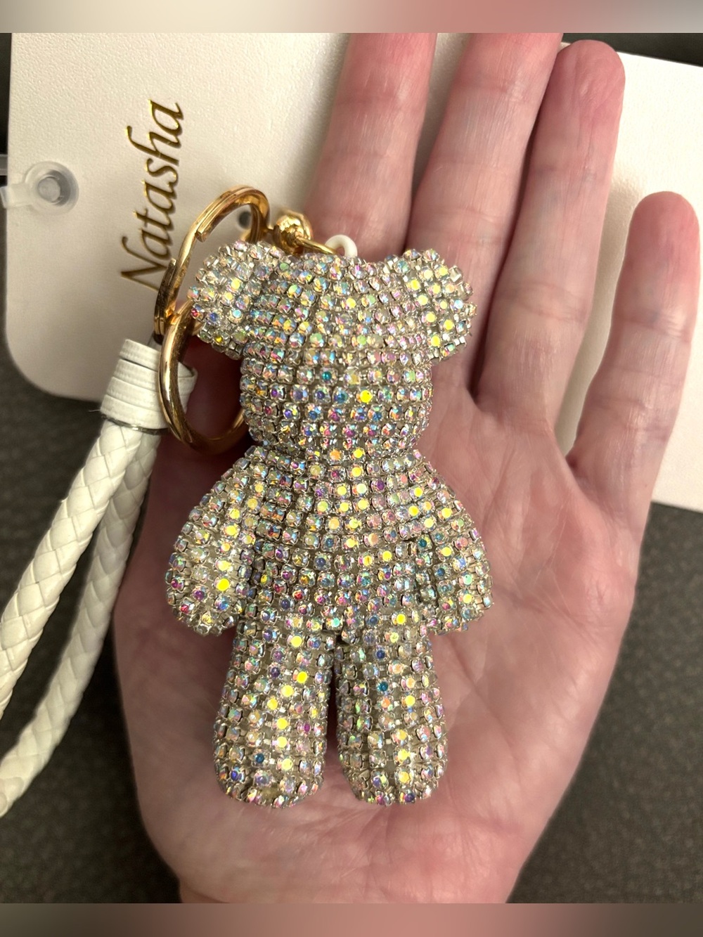 Natasha LARGE Iridescent Crystal Teddy Bear Bag Charm / Keychain / Wristlet, NIP - Picture 5 of 8